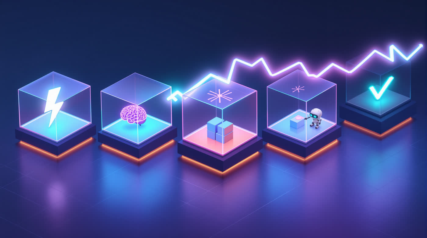 Five glass cubes showing the agent workflow: trigger, understand, plan, execute, outcome